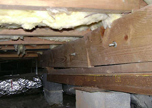 sagging crawl space with wooden shimming a Ashland crawl space