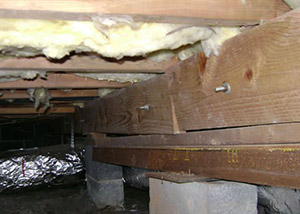 sagging crawl space with wooden shimming a Hibbing crawl space