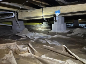 Wet crawl space with mold concerns before waterproofing in Cromwell, MN