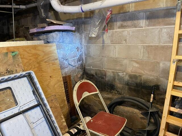 Damp crawl space and stone basement walls needing waterproofing in Grand Marais MN