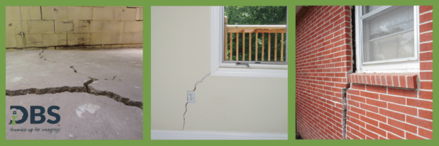 Examples of foundation settlement including floor cracks, wall cracks, and separating bricks