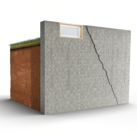 Diagram showing diagonal cracking and leaning in a poured concrete foundation wall
