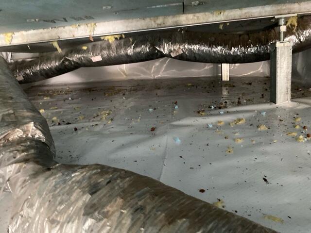 An unfinished, dark crawl space beneath a porch showing an open earth floor, scattered debris, and a sagging silver air duct in Jim Falls, WI before stabilization.